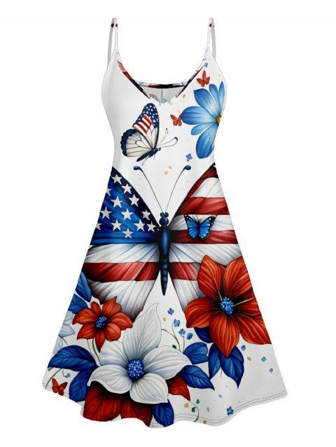 Robe Ligne A Drapeau Américain Imprimé sans Manches à Bretelle