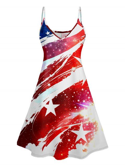 Robe Ligne A Drapeau Américain Imprimé sans Manches à Bretelle
