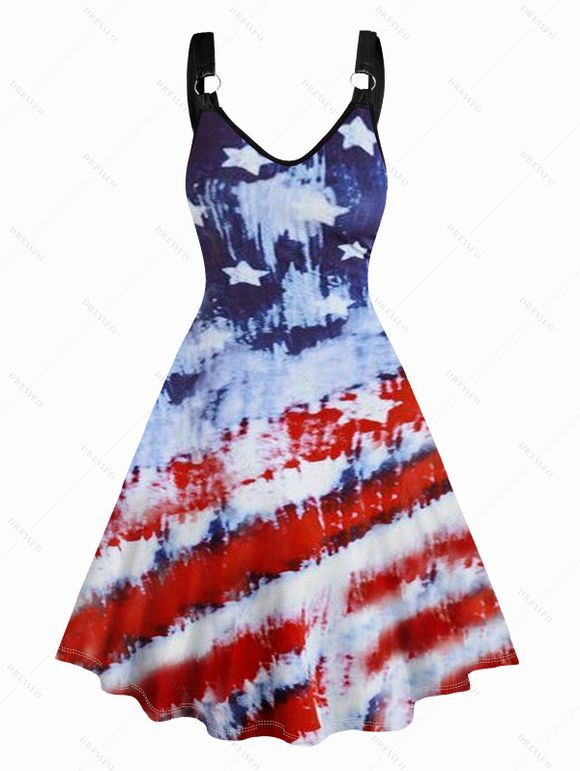Robe Ligne A à Bretelle Drapeau Américain Imprimé sans Manches - Blanc L | US 8