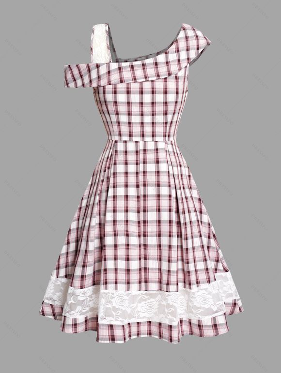 navy blue dress for baby girl Women Lace Up Plaid Asymmetrical Dress O-Neck main image 1