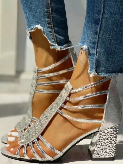 Summer Faux Rhinestone Hollow Out Peep Toe Chunky Zip Back Sandals