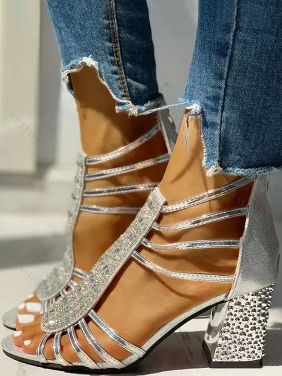 Summer Faux Rhinestone Hollow Out Peep Toe Chunky Zip Back Sandals - Argent EU 35