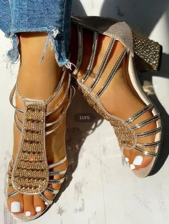 Summer Faux Rhinestone Hollow Out Peep Toe Chunky Zip Back Sandals - d'or EU 42