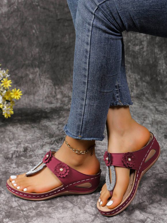 Flowers Pattern Faux Leather Round Toe Flip Flops Beach Slippers - Rouge foncé EU 39