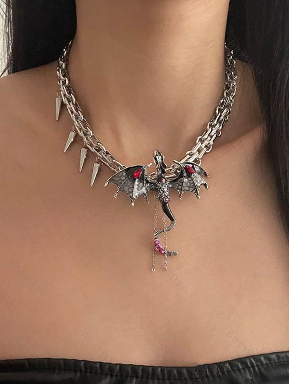 Collier Tressé Motif Dragon Volant en Strass et Pierres Fantaisies Style Punk - Argent 