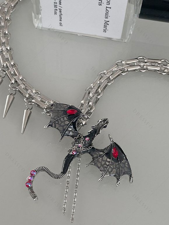 Collier Tressé Motif Dragon Volant en Strass et Pierres Fantaisies Style Punk - Argent 