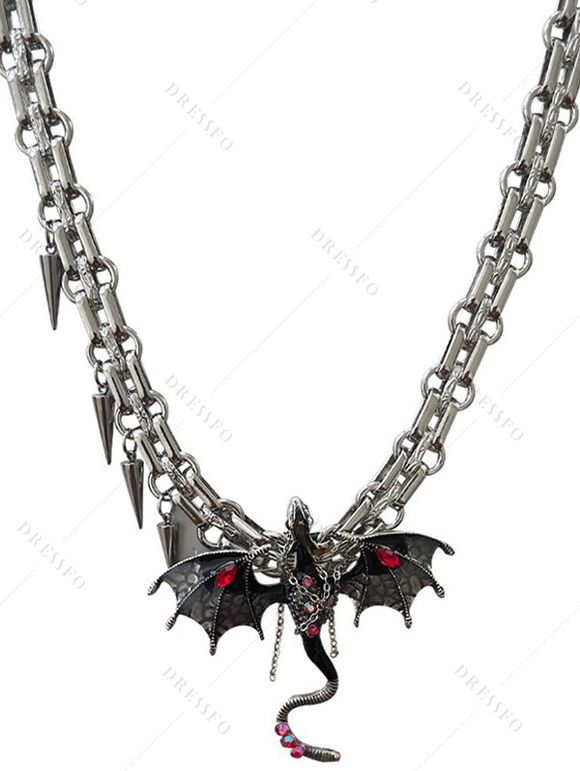 Collier Tressé Motif Dragon Volant en Strass et Pierres Fantaisies Style Punk - Argent 