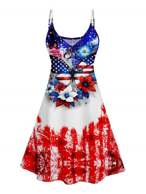 Robe Ligne A Drapeau Américain Imprimé sans Manches à Bretelle