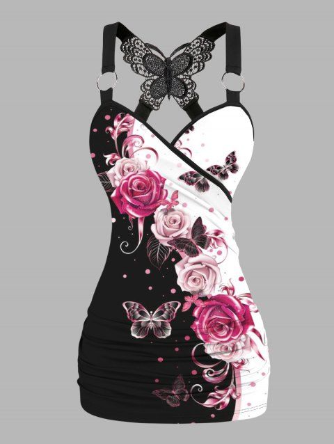 Débardeur D'Eté Croisé Motif de Papillon Rose à Volants