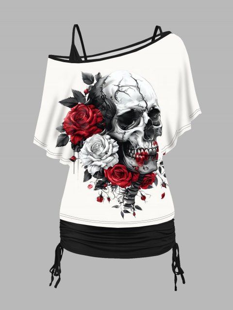 Paint Skull Rose Print Oblique Shoulder T-shirt And Cinched V Neck Camisole Two Piece Set