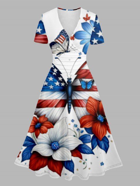 Robe Ligne A Superposée Drapeau Américain Imprimé à Manches Courtes à Col V