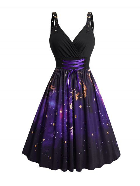 Robe Croisée Bouclée Gothique Galaxie Imprimée sans Manches à Lacets