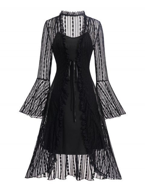 Robe gothique deux pièces, couleur unie, bretelles spaghetti et dentelle, manches évasées transparentes, nouée sur le devant, robe élégante et transparente