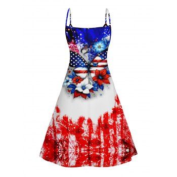 Distressed American Flag Print V Neck Dress Sleeveless A Line Cami Dress