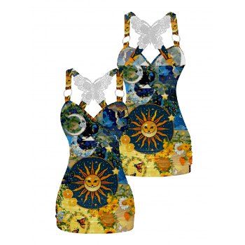 Sun Moon Pattern Ruched Butterfly Lace Tank Top Cross O Ring Surplice Summer Top