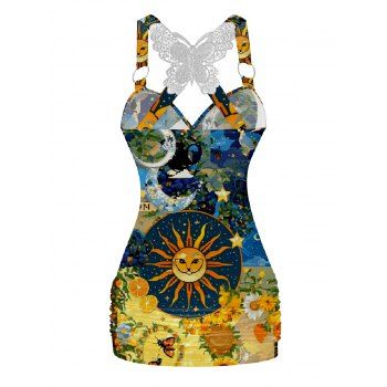 Sun Moon Pattern Ruched Butterfly Lace Tank Top Cross O Ring Surplice Summer Top 
