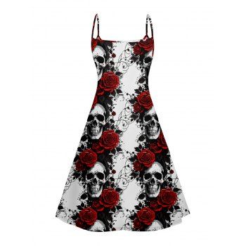 Skull Rose Print V Neck Sleeveless Summer Cami Dress