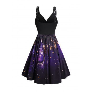 Galaxy Gothic Print V Neck Grommet Buckle Dress Lace Up Crossover Sleeveless Dress 