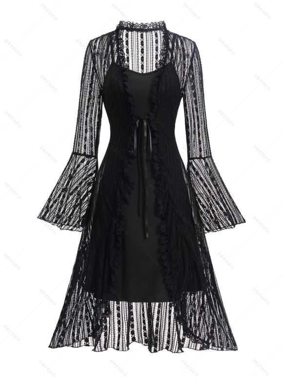 Robe gothique deux pièces, couleur unie, bretelles spaghetti et dentelle, manches évasées transparentes, nouée sur le devant, robe élégante et transparente - Noir XXL | US 14