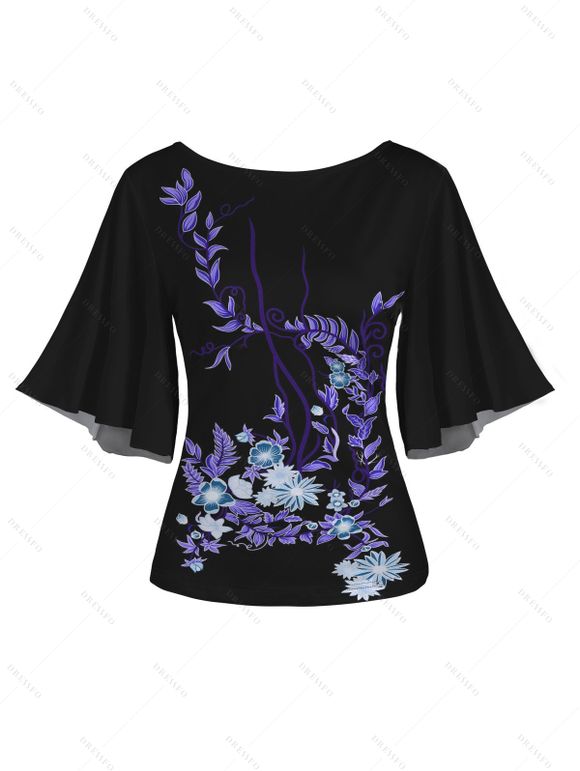 T-shirt D'Eté Feuille et Fleur Imprimés Manches Evasées à Col Rond - Noir XL | US 12