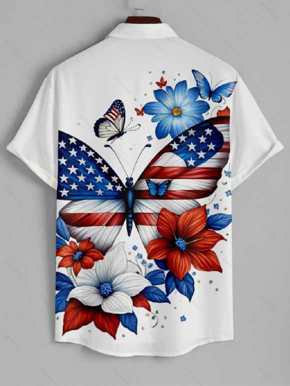 Chemise Décontractée Boutonnée Drapeau Américain Imprimé à Manches Roulées - multicolor L