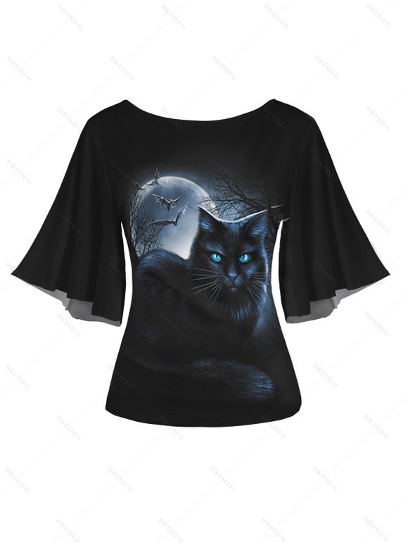 T-shirt D'Eté Animal Imprimé Manches Evasées à Col Rond - Bleu L | US 8-10