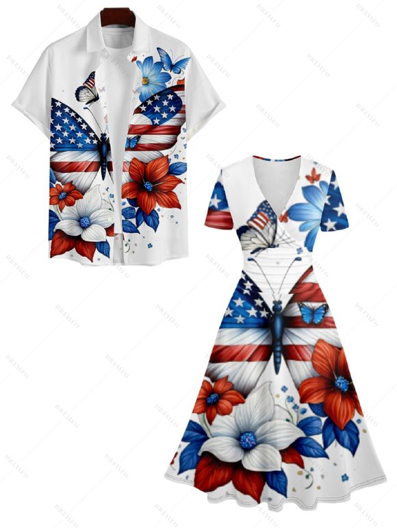 Robe Chemise Imprimée Drapeau Américain à Col en V et Manches Roulottées - Blanc S | US 4