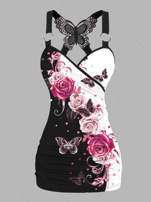 Débardeur D'Eté Croisé Motif de Papillon Rose à Volants - Noir XXL | US 14