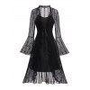 Robe gothique deux pièces, couleur unie, bretelles spaghetti et dentelle, manches évasées transparentes, nouée sur le devant, robe élégante et transparente - Noir S | US 4