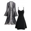 Robe gothique deux pièces, couleur unie, bretelles spaghetti et dentelle, manches évasées transparentes, nouée sur le devant, robe élégante et transparente - Noir XXL | US 14