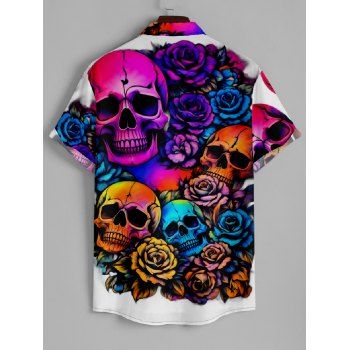 Colorful Skull Rose Print Women's V Neck Dress and Men's Roll Up Sleeve Button Up Shirt Outfit