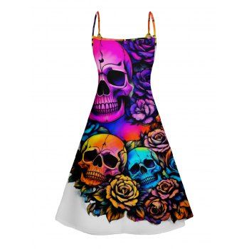 Colorful Skull Print V Neck Sleeveless Summer Cami Dress