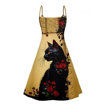 Cat Rose Print V Neck Sleeveless Summer Cami Dress