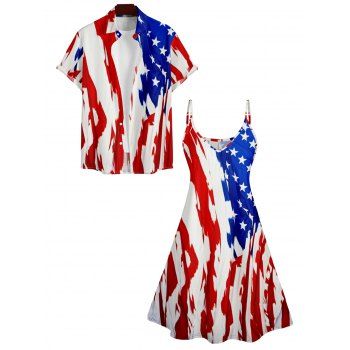 Distressed American Flag Print Women's V Neck Dress and Men's Roll Up Sleeve Shirt Independence Day Outfit