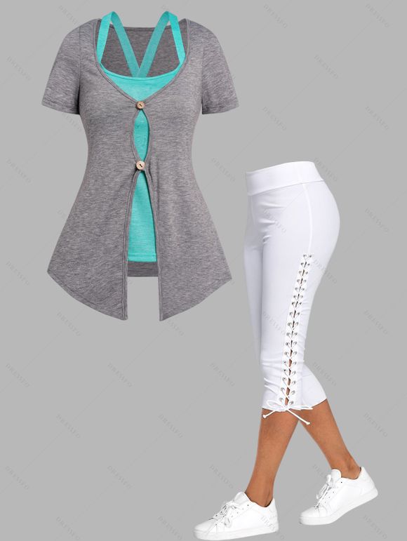 Ensemble de Haut Court avec Double Boutons à Ourlet Pointu et de Legging Deux Pièces - Gris Clair S | US 4