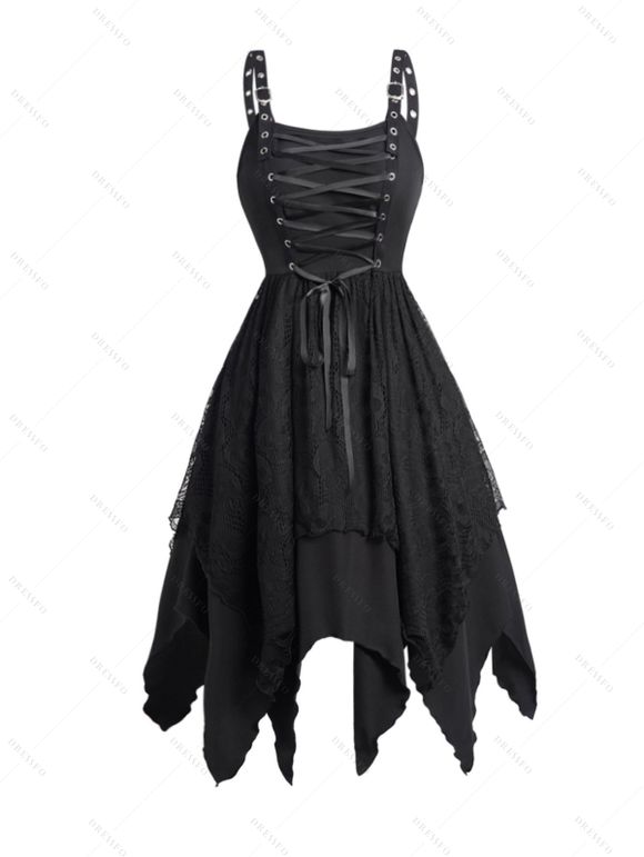 Robe Gothique Superposée sans Manches à Lacets à Ourlet Mouchoir - Noir S