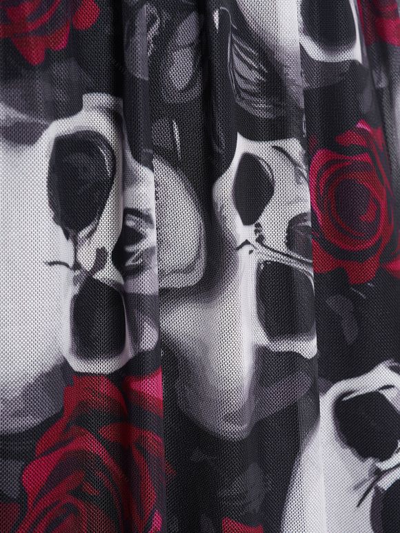 Robe Gothique Rose et Crâne Imprimés en Faux Cuir à Col V - Noir S | US 4