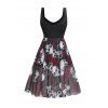 Robe Gothique Rose et Crâne Imprimés en Faux Cuir à Col V - Noir XL | US 12