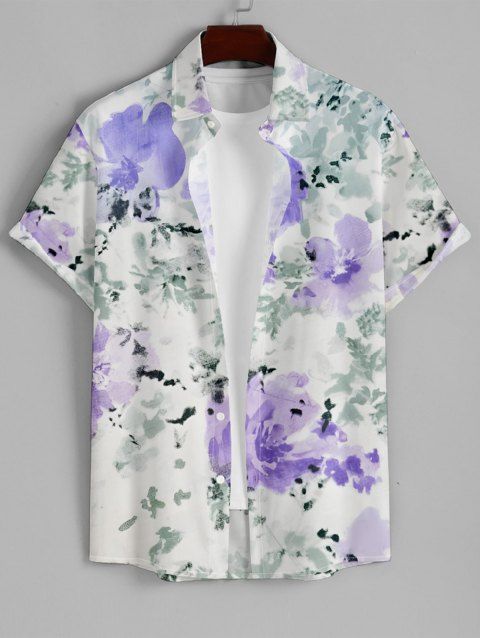 Chemise Décontractée Fleur Imprimée Boutonnée à Manches Courtes