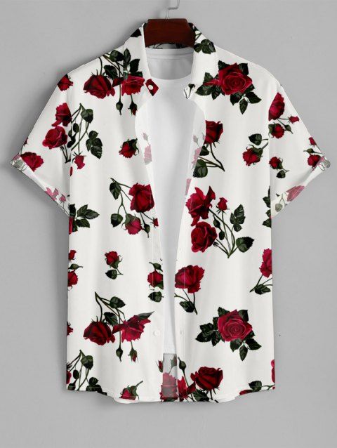 Chemise Décontractée Rose Imprimée Boutonnée à Manches Courtes pour Homme