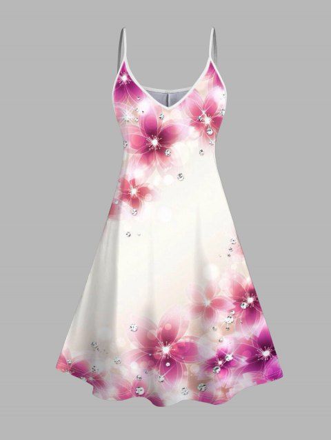 Pink Petal Pattern V Neck High Waist Spaghetti Strap Dress Sleeveless Summer A Line Cami Dress
