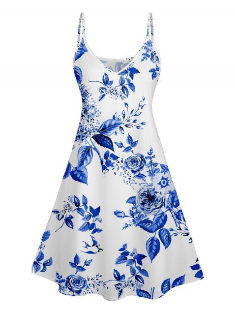 Robe D'été Rose Imprimée Ligne A à Bretelles Spaghetti à Col en V