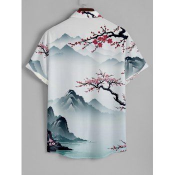 Men's Plum Blossom Landscape Print Roll Up Sleeve Shirt Button Up Short Sleeve Casual Shirt