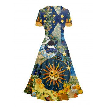 Sun Moon Print V Neck Short Sleeve Surplice Dress High Waist A-line Dress