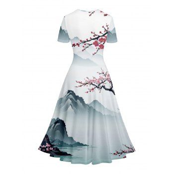 Plum Blossom Print V Neck Short Sleeve Surplice Dress High Waist A-line Dress