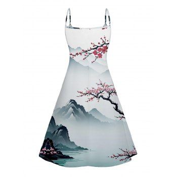 Plum Blossom Print  V Neck High Waist Spaghetti Strap Dress Sleeveless Summer A Line Cami Dress