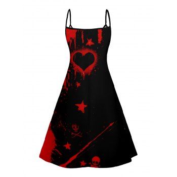 Red Heart Star Pattern V Neck High Waist Spaghetti Strap Dress Sleeveless Summer A Line Cami Dress