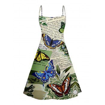 Newspaper Butterfly Print V Neck High Waist Spaghetti Strap Dress Sleeveless Summer A Line Cami Dress