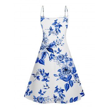 Rose Print V Neck High Waist Spaghetti Strap Dress Sleeveless Summer A Line Cami Dress