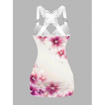Pink Floral Pattern Ruched Butterfly Lace Tank Top Cross O Ring Surplice Summer Top